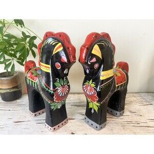 Vintage Hand Painted Lacquered Russian Folk Art Wood Horses Set Figurines USSR